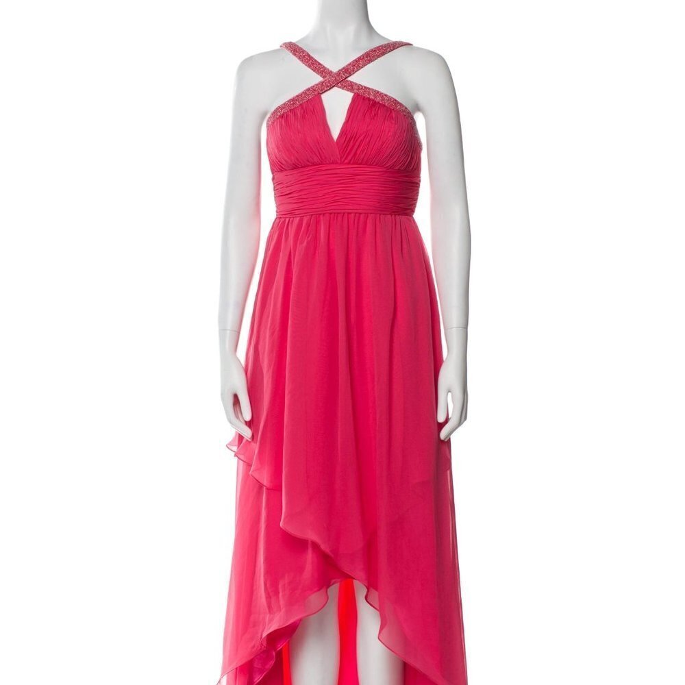 Aidan Mattox Gown Beaded Halter Neck Women's Size 2 Pink Flowy High-Low Hem